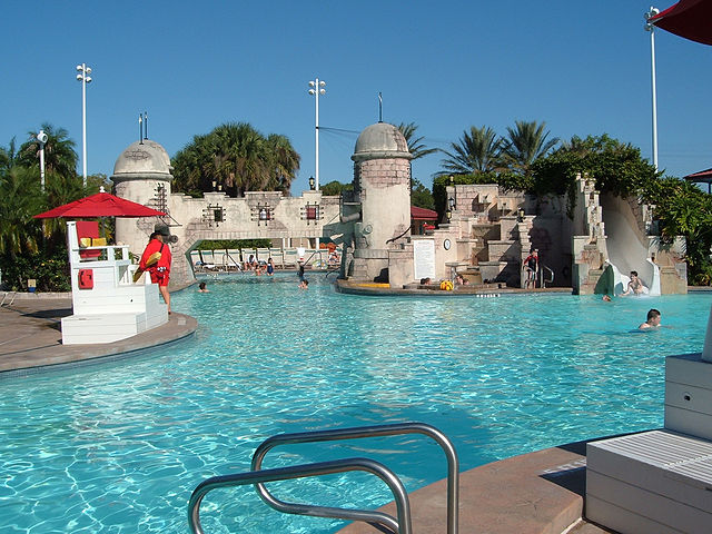 Funetes del Morro Spanish Themed Pool at Caribbean Beach Resort in Disney Resorts with Hot Tub Nearby.
