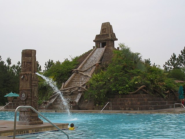 Stepped pyramid in the Dig Site at Coronado Springs at Disney Resorts. Find the biggest hot tub in Disney World nearby.