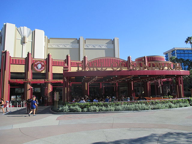 Red and yellow building for Earl of Sandwich at Disney Springs in Walt Disney World