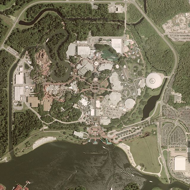 Aerial view of the Magic Kingdom. Circular design with wheel and spoke layout