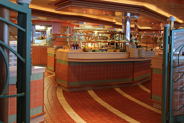 Buffet on Princess Cruise. Brown Floor and Counters with Empty Plates and Trays of Food.